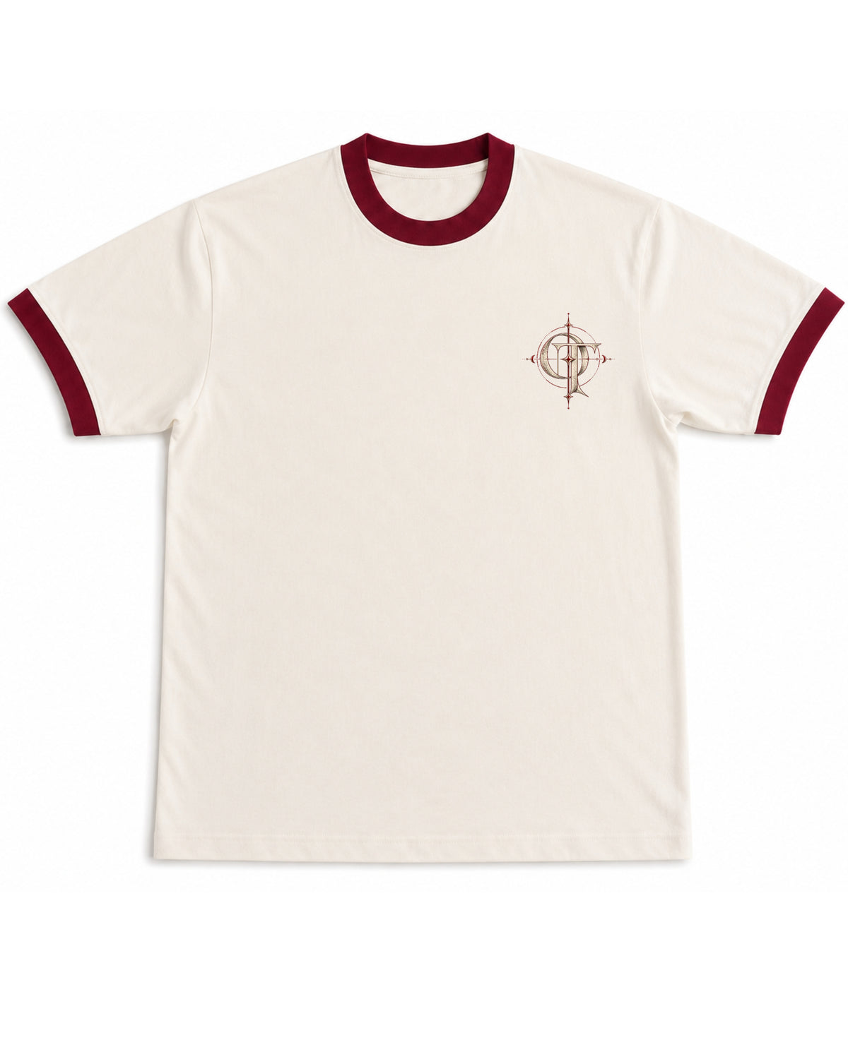 Off White & Maroon Ringer tee Front Design