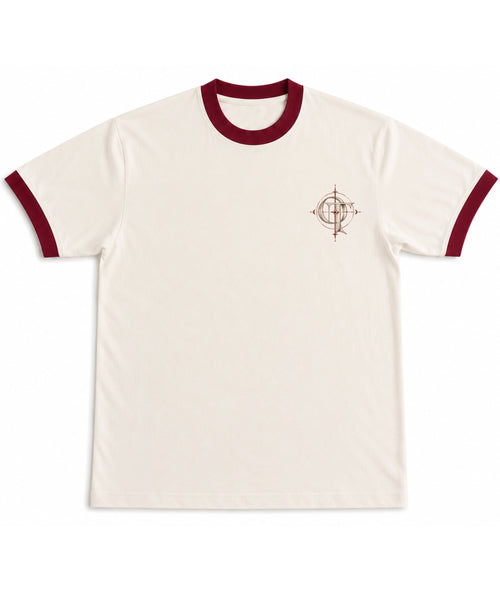 Off White & Maroon Ringer tee Front Design