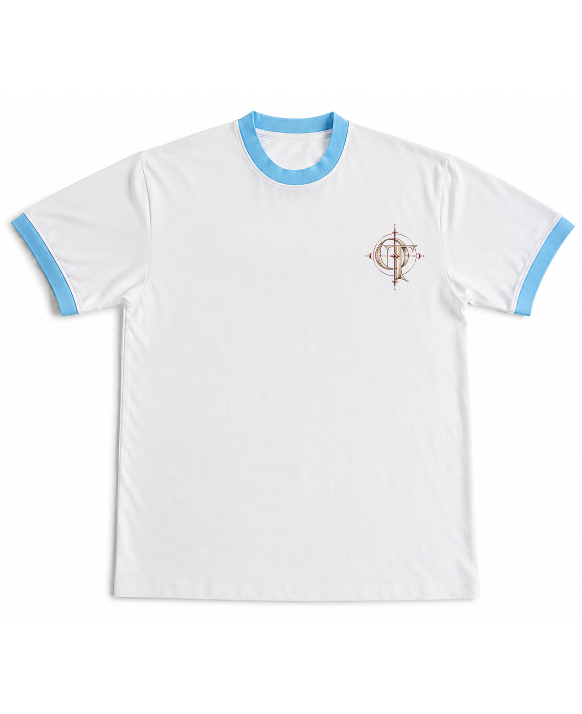 White & Sky Blue Ringer tee Front Design